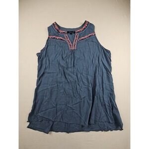 Whispers New York Women's Blue Split V Neck Embroidery Blouse Top Plus Size 1X